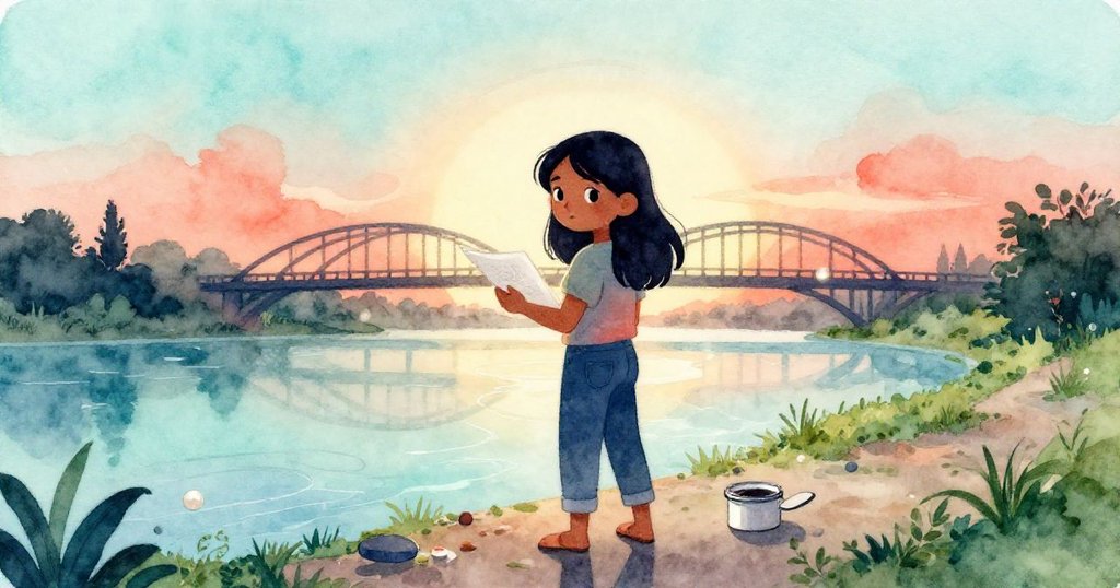 Priya站在河畔，手持素描本與油漆罐，夕陽映襯古橋與薄霧，臉上流露沉思與期待。