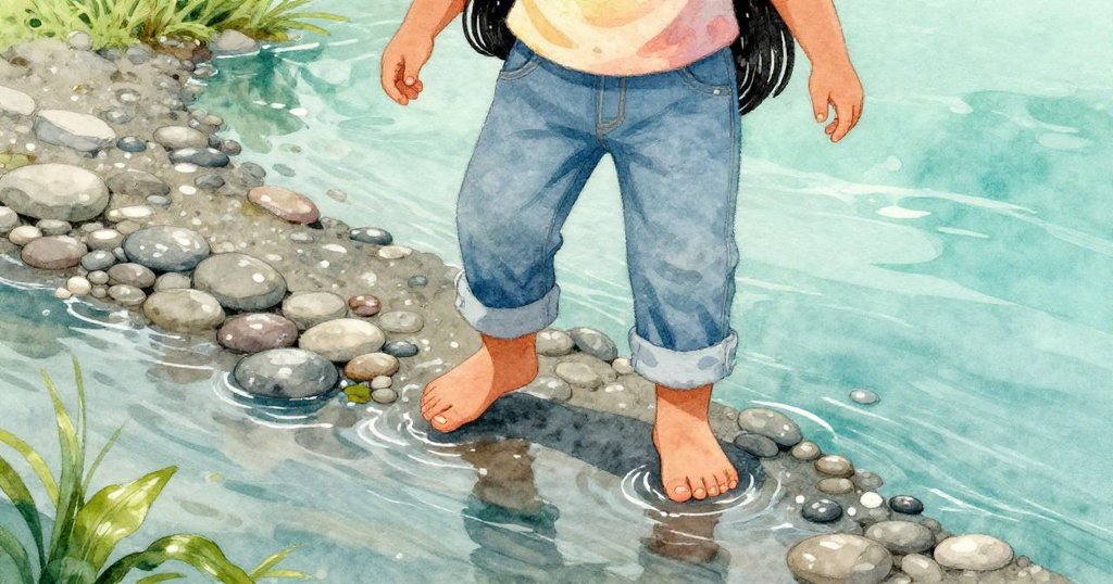 Priya踏在河岸濕潤卵石上，鞋子輕觸水滴閃爍，展現出探索大自然的細膩與冒險心情。