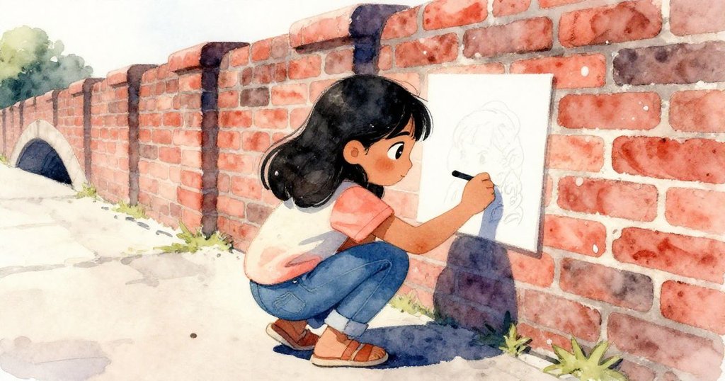 Priya蹲下來專注描繪古橋紅磚，低角度仰望間流露出熱情與求知的眼神。