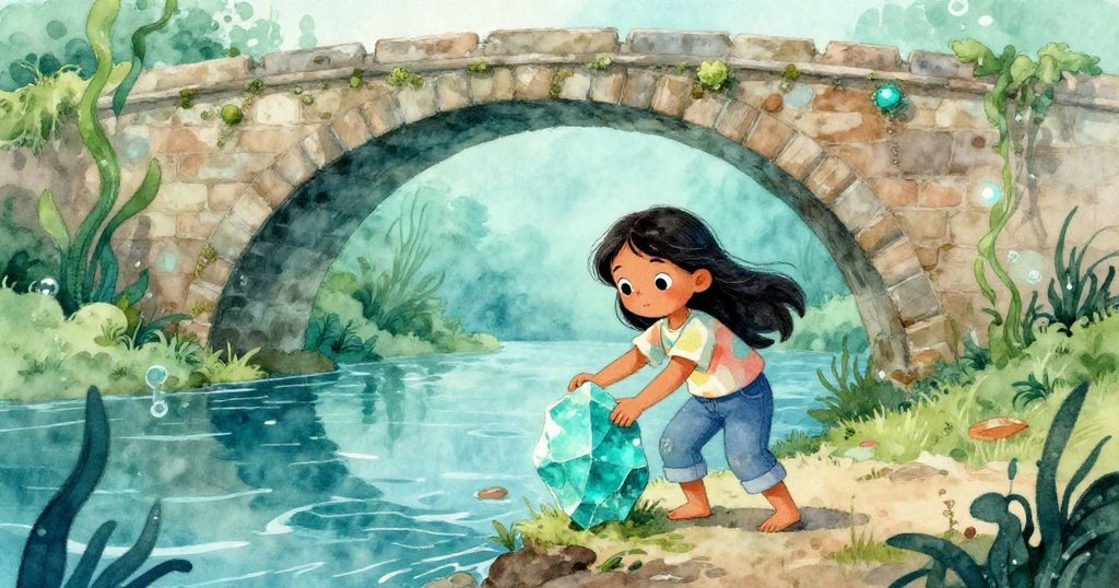 Priya在拱門下觀察水中光影，輕傾藍綠碎片映射古橋牆上隱現的紅磚，臉上充滿驚奇和喜悅。