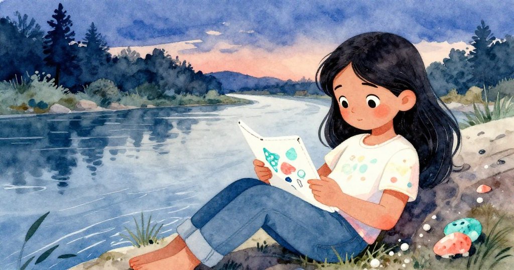 Priya在夕陽下河畔完成作品，微笑中放好藍綠碎片，周圍流露出滿足與寧靜的創作後心情。