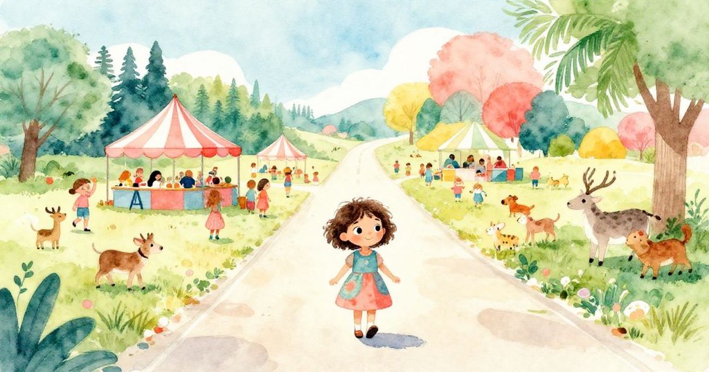 在陽光普照的鄉村小路上，Mia懷抱期待邁向熱鬧市集，身邊有眾多人群與動物陪伴，笑容滿面。