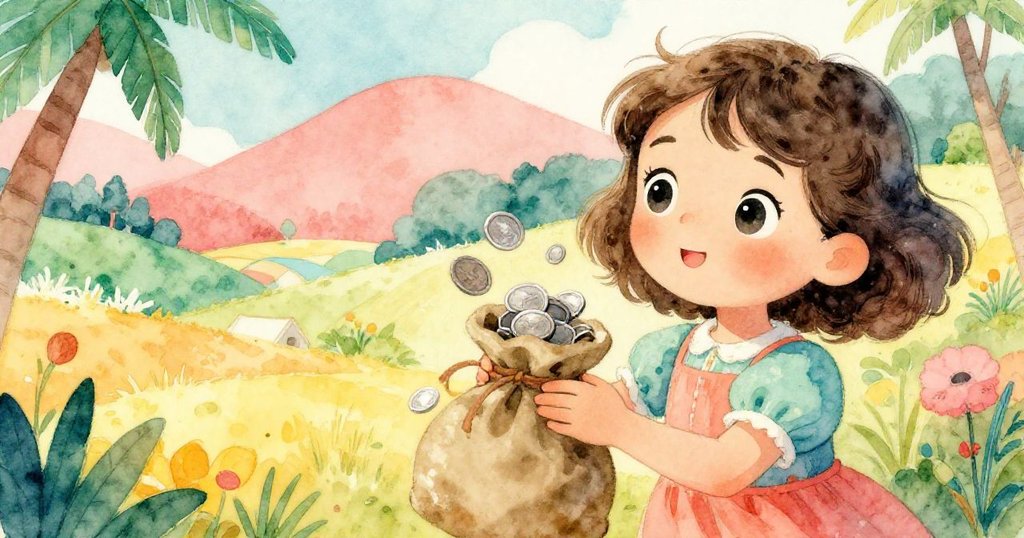 Mia仔細握著天鵝絨小包，裏面銀幣閃爍，背景隱約見鄉間路線，她神情專注充滿夢想。