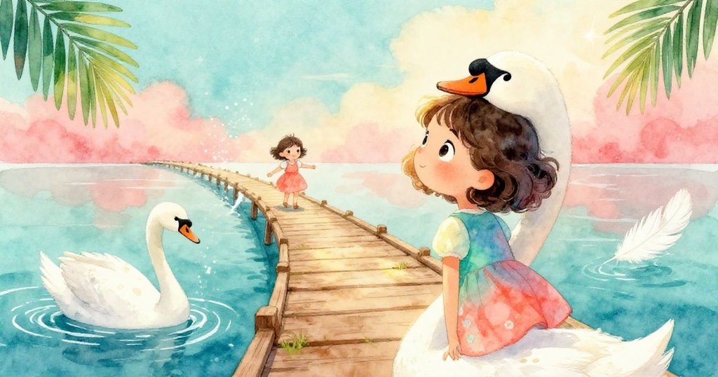 從天鵝視角看見Mia在木橋上緩步，白鵝展開翅膀攔路，水花濺起，營造意外驚訝氛圍。