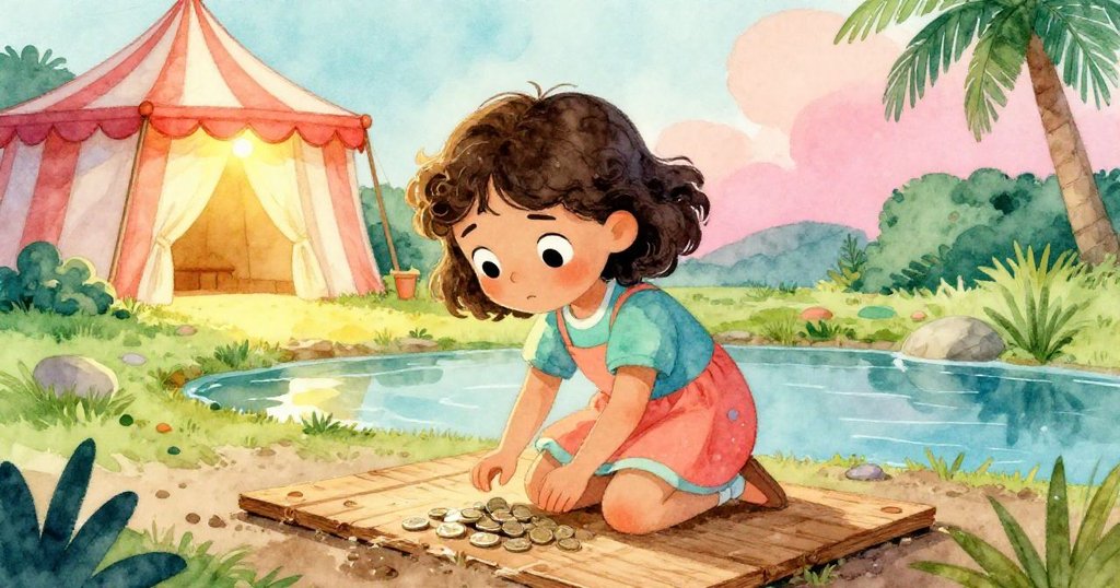 Mia蹲下撿起泥邊散落的銀幣，跨越修復木板，目光堅定望向遠處閃亮的帳篷入口。