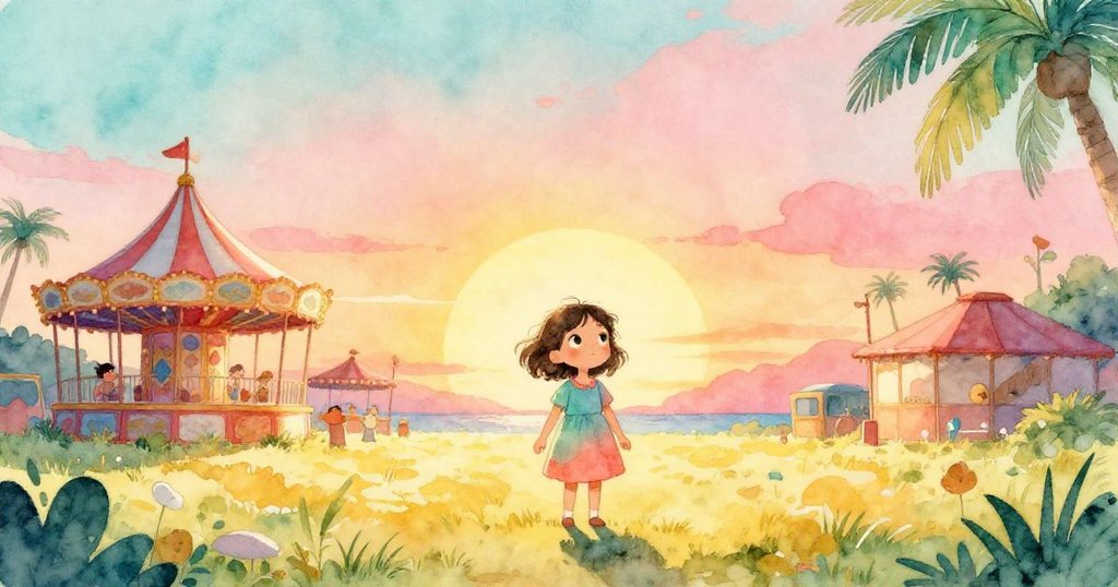 在金色夕陽下，Mia站在市集邊緣，臉上洋溢著滿足與回憶，鄉村風光與溫暖燦爛光芒交織。