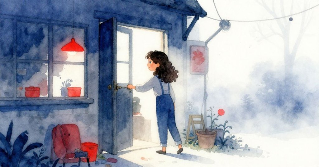 Mira在霧氣中打開舊工作室的後門，清晨微光中展現期待與謹慎，背景有老建築與濃霧營造神秘氣氛。