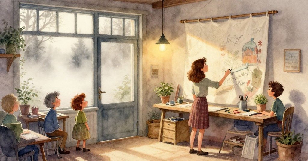 Mira專注地用絲絨緞帶固定掛毯，手部細節清晰，背景中的海藍色橫樑彰顯溫馨工作室內景。