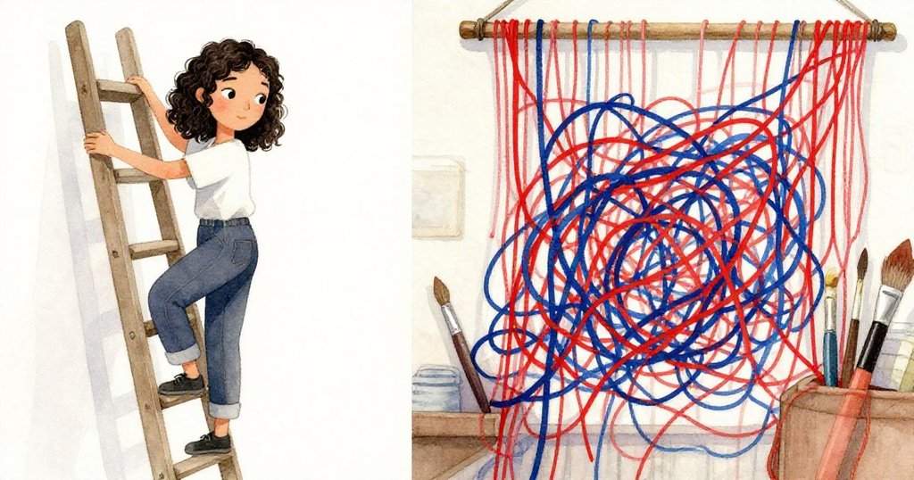 Mira一邊勇敢爬梯子，一邊調整隨風散落的掛毯線頭，畫面分割呈現忙碌創作情景。