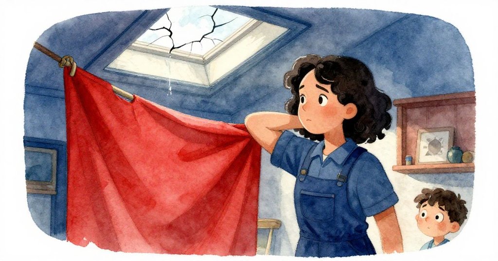 Mira用手肘穩住因風吹拂而偏移的掛毯，室內破裂天窗讓微光與風氣互動，氛圍既靜謐又動感。