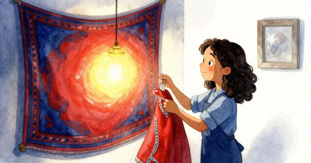 Mira滿意地退後欣賞完成的掛毯，燈光下銀絲閃爍出神秘光彩，工作室呈現出夢幻溫暖結局。