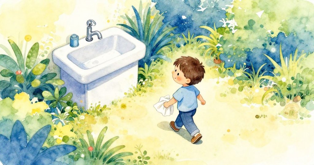 Sam手持麻布，從空中視角穿越明亮庭園，前往閃亮水槽，充滿期待與輕鬆情緒，庭園佈滿陽光與綠意。