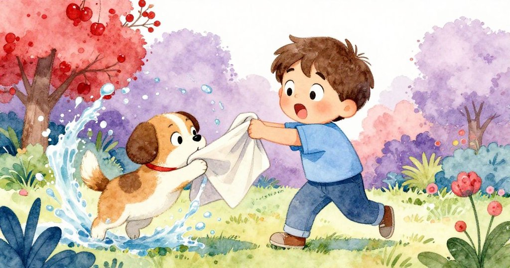 好奇的狗搶走濕麻布，水花四濺，Sam驚訝後退，臉上流露出吃驚神情，庭園背景充滿生動動感。