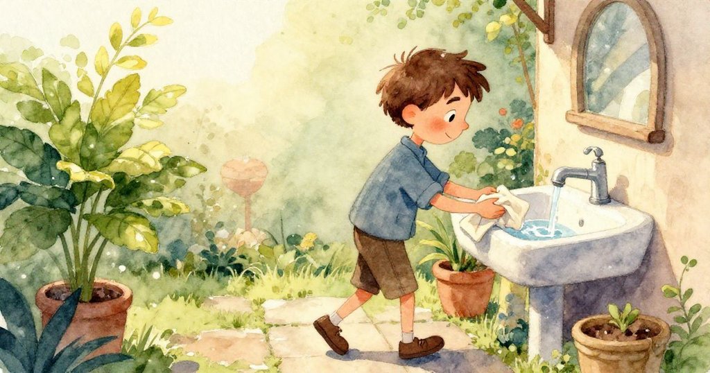 濕麻布擊中亮麗植物，花朵震動灑落涼水，一把小鑰匙從土中滑出，捕捉時間流逝神秘瞬間。