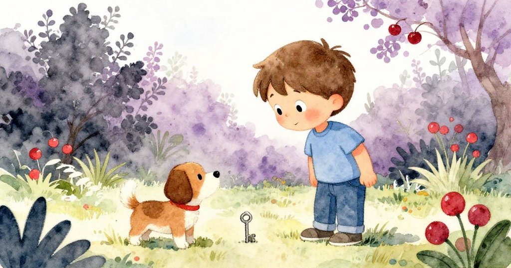 Sam驚訝地注視閃亮鑰匙，狗狗歪頭聽從，庭園中洋溢著溫馨慶祝光景，二者互動充滿默契。