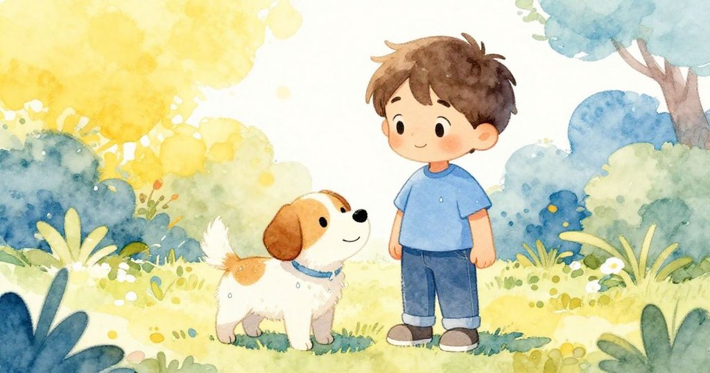 寧靜庭院中，Sam與狗狗肩並肩站著微笑，衣物鞋上水珠閃爍，共同迎來溫馨團聚與平靜結局。