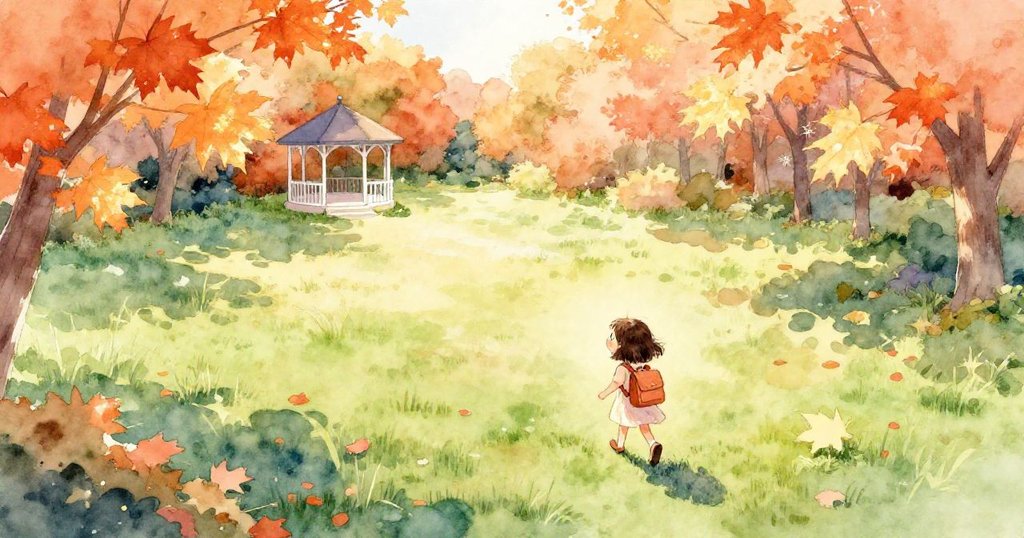 Clara在陽光閃爍的公園草地上前行，背著正方形背包，遠處白色涼亭若隱若現，情緒期待且充滿希望。