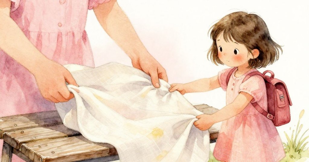 Clara專心拉扯著淺色亞麻布，細節豐富的布料與老舊長椅散發出溫暖公園的質感，充滿細膩期待。