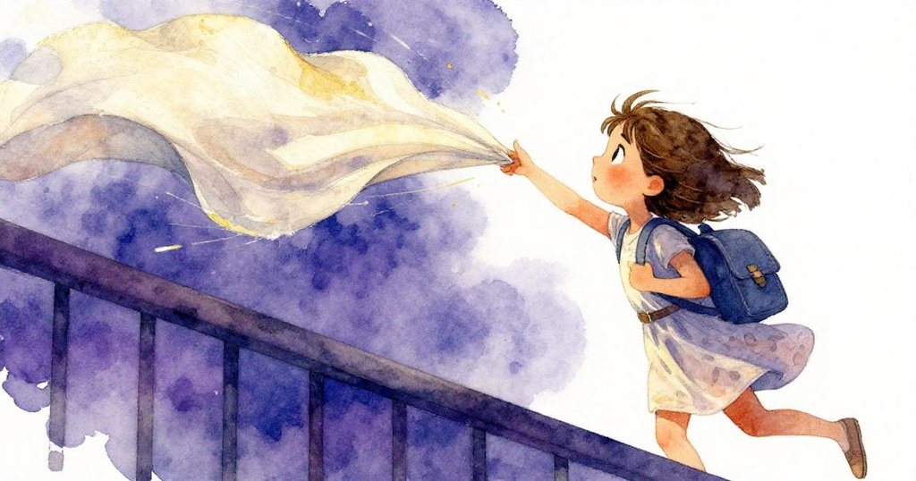 Clara急忙伸手抓住隨風飛舞的亞麻布，傾斜視角突顯布料與欄杆間的動感與驚奇情緒。