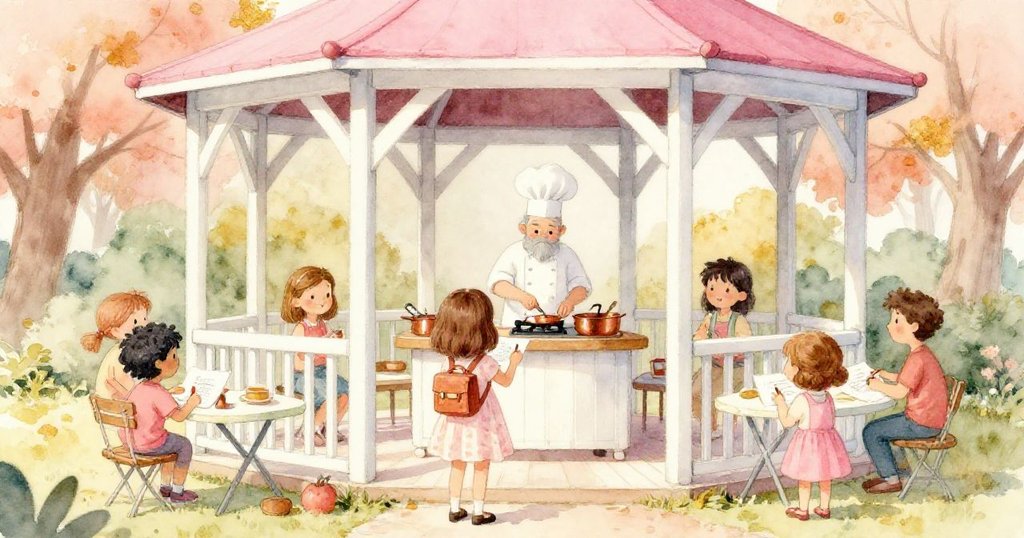 Clara攀上碎石小徑走進涼亭，見到灰髮廚師烹調中，陌生人認真素描，場景溫馨且充滿驚喜。