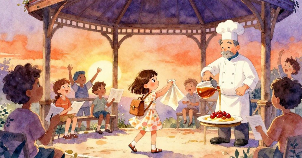 Clara坐在爐邊用筆記本記錄靈感，旁邊廚師倒焦糖，周圍素描者熱鬧互動，充滿創意活力。