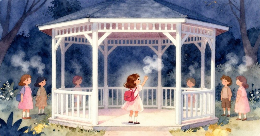 Clara在夕陽下向離去的廚師和素描者揮手告別，空涼亭中蒸氣繚繞，公園寧靜落幕，滿懷感恩。