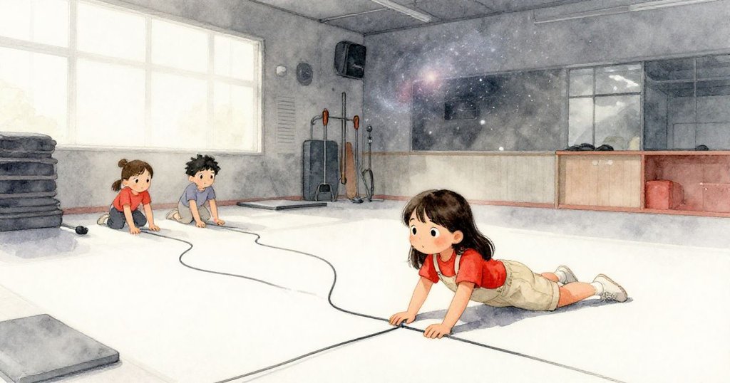 米拉在空曠體育館中鋪設電纜,目光堅定,準備打造夢幻星空秀,環境寧靜且充滿期待。