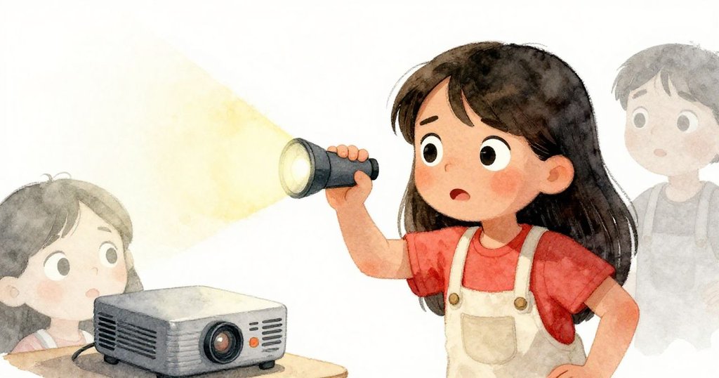 米拉面露堅毅光芒,嘗試用手電筒替代燈泡,神情中透露出既失望又充滿創新決心,動作果斷。