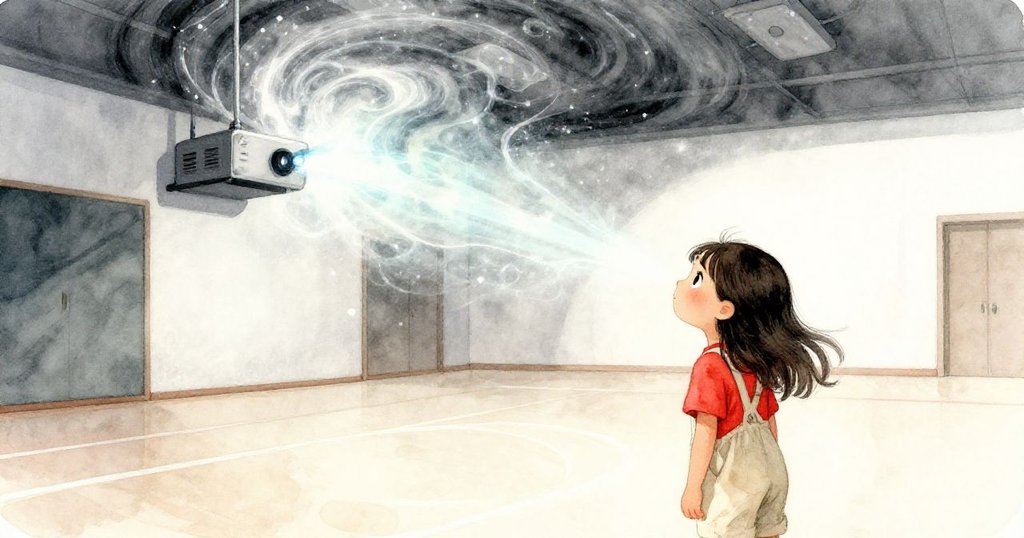 米拉仰望投影出的星雲霓虹燈光在體育館中綻放,神情驚嘆,場景充滿夢幻與魔力。