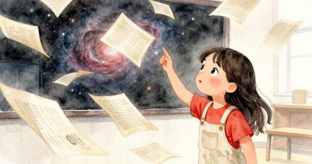 米拉滿臉驚喜欣賞輕風拂動的天文雜誌頁,與投影星雲融合出動態夢幻畫面,情感溢於言表。