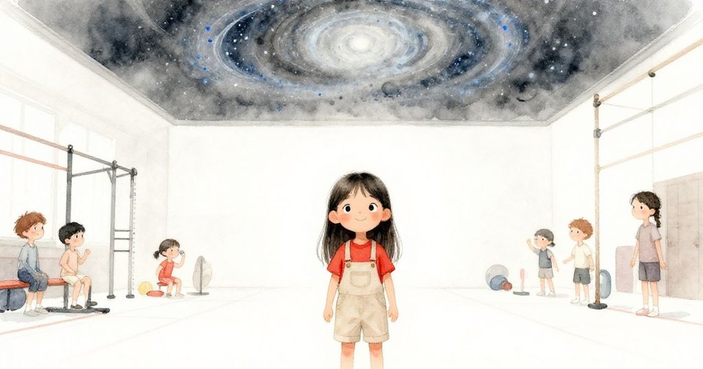 米拉站在被柔和藍光點綴的體育館中,滿意欣賞天花板上流動的星雲,結局溫馨且充滿創意成就感。