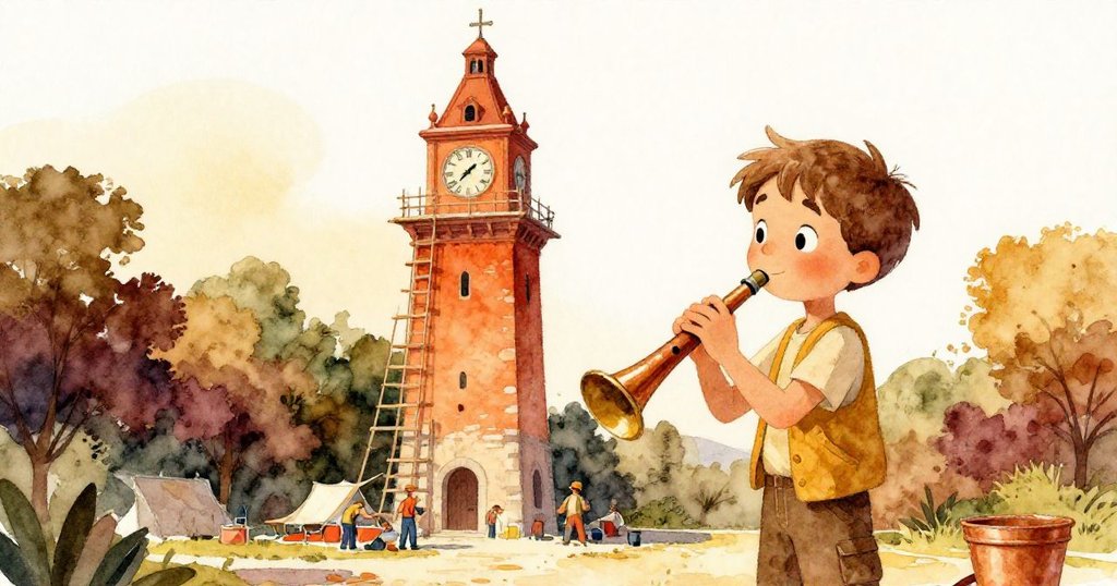 在古老鐘樓前，山姆持錄音器觀察修復，工人忙碌，光線溫暖，充滿期待與歷史感。