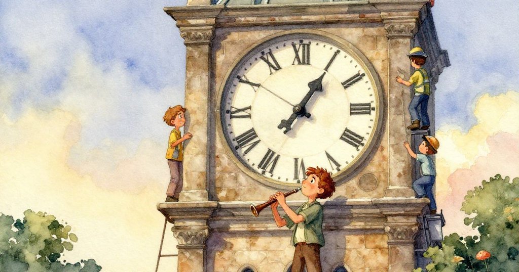 山姆的手緊握小錄音器，細節精緻，背景隱約見鐘樓輪廓，面帶專注與決心。