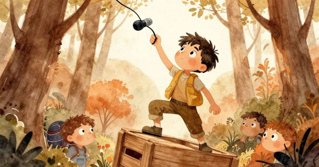 低角度仰視中，山姆攀爬木箱伸手抓麥克風線，背景鐘樓隱約，展現堅定與挑戰精神。