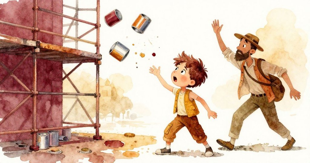 油漆罐在空中飛揚，山姆與旅客驚訝躲避，現場混亂中透出動感與陽光影調。