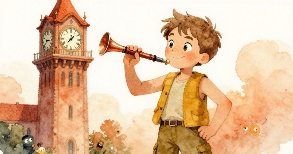 山姆在鐘樓旁彎腰撿錄音器，思索並展露果斷，現場溫暖光影與工地背景交織。