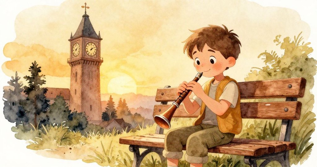 夕陽下山姆安坐木椅旁鐘樓，輕收錄音器，柔光映照溼潤木板，臉上滿是平靜與幸福。