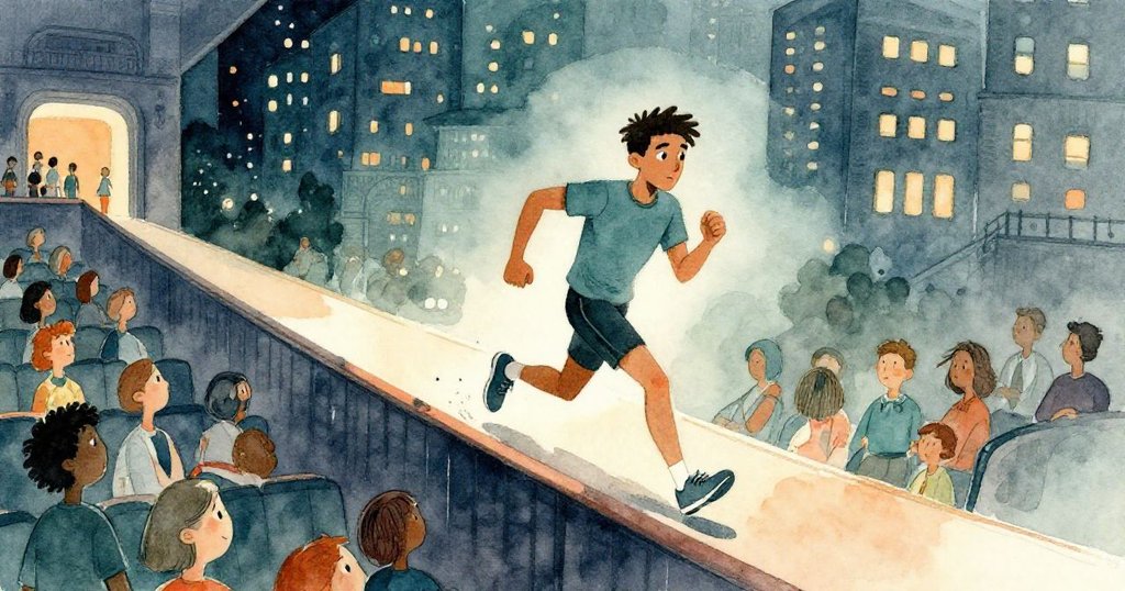 雷在狹窄陽台上急跑，腳步響起，下面禮堂燈光柔和眾人期待，展現冒險啟程情景。