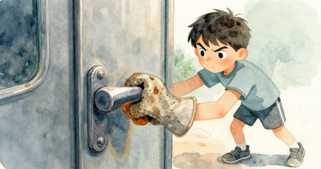 雷專注檢查卡住的門把，手握灰塵手套細緻動作，背景暗藍呈現解決困難過程。