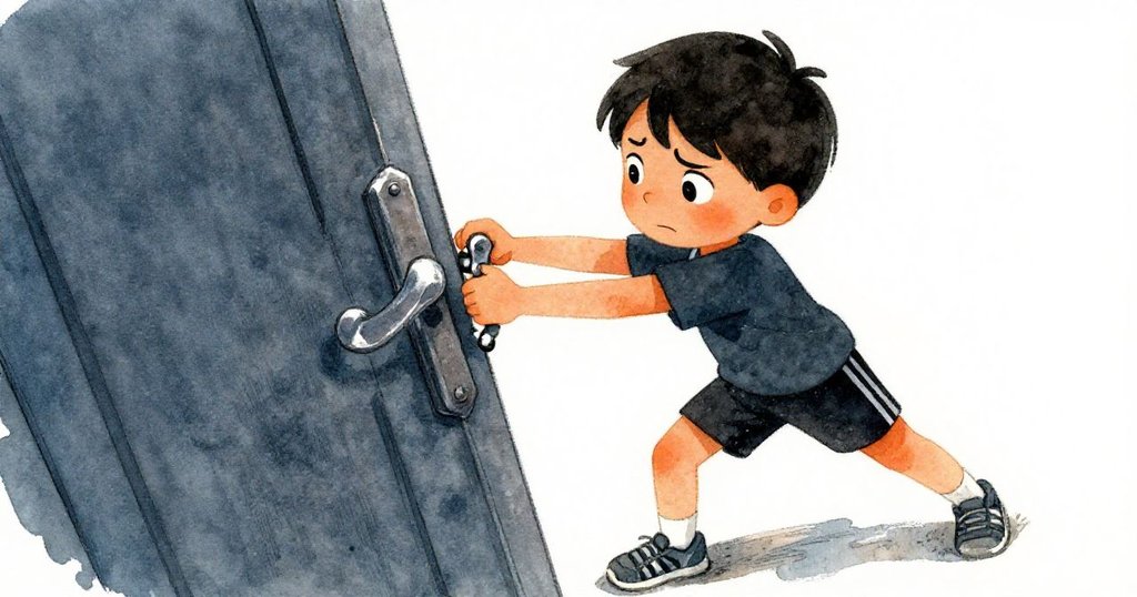 雷用力扭轉門把，金屬齒片閃爍光芒，傾斜角度呈現他堅定且略帶困惑狀態。