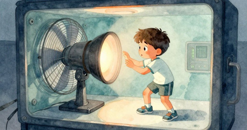 雷踏入老舊投影室，仔細觀察發霧鏡頭及靜止冷卻扇，高處視角呈現工作環境挑戰。