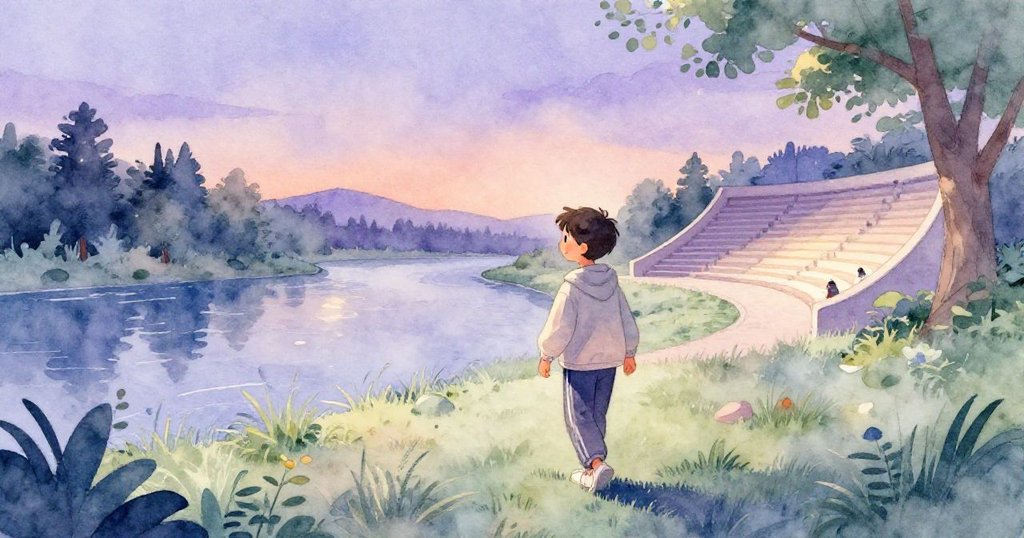 Milo走向河畔露天劇場，天際微明，充滿期待與活力，展開故事開端。