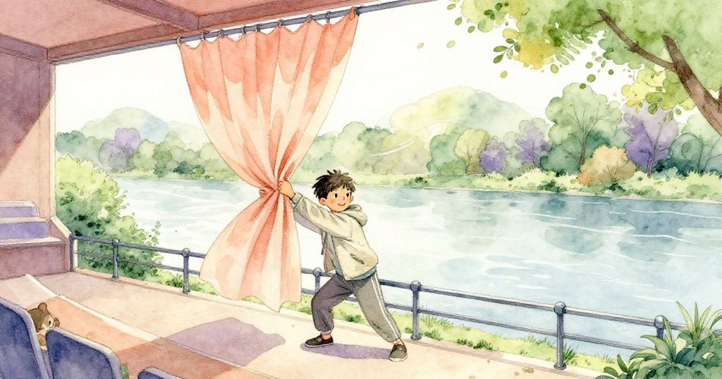 Milo在晨曦中拉扯幕布，橫風使幕布纏繞欄杆，他露出驚訝且努力解決困境的表情。