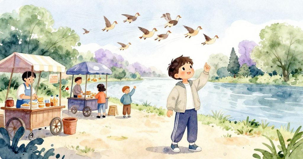 Milo旁邊小販整理攤位，風驟使小鳥驚飛，現場充滿忙碌與自然互動的活力。