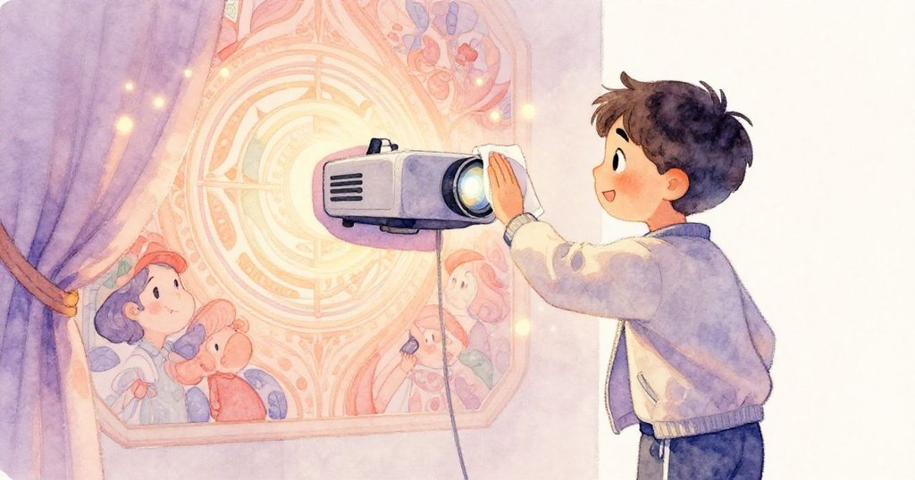 Milo專注擦拭投影機鏡頭，意外發現幕後隱藏的古老彩繪牆，臉上流露出驚喜與好奇。