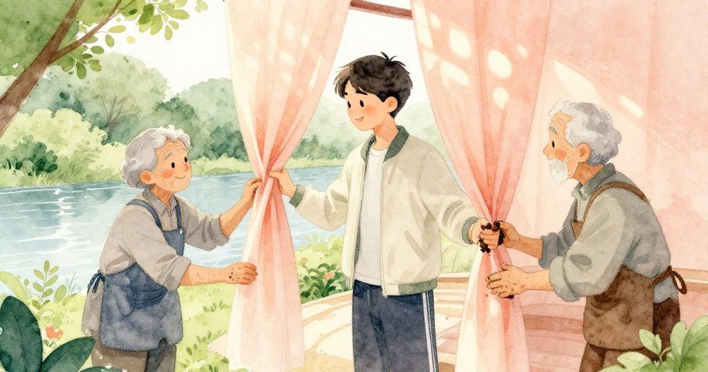 Milo與兩位園丁攜手合作解開纏繞幕布，彼此流露信任與溫馨，彰顯協作之美。