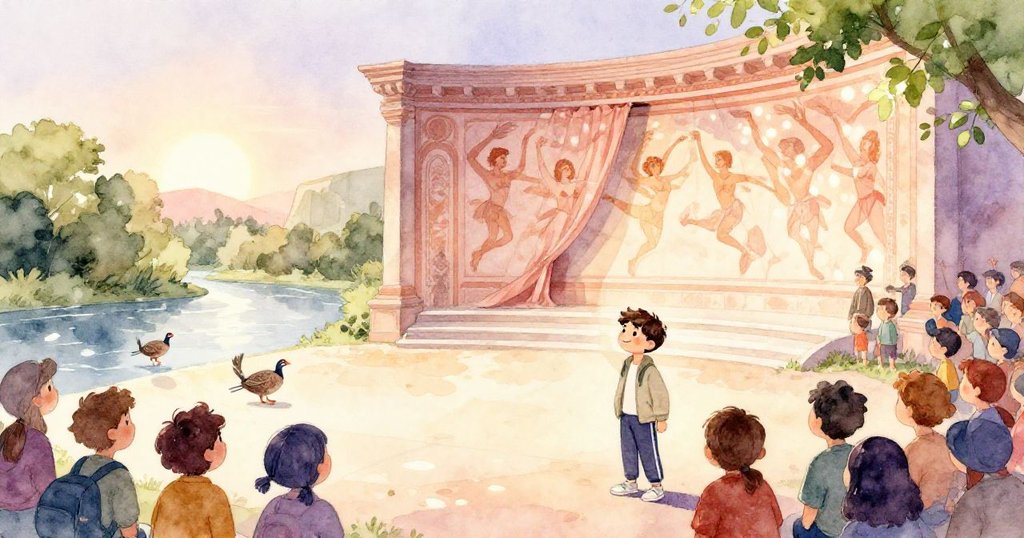 Milo和觀眾們驚嘆於展開的古老壁畫，舞者在晨光中似活起來，小鳥伴隨和諧景象，共迎新日。