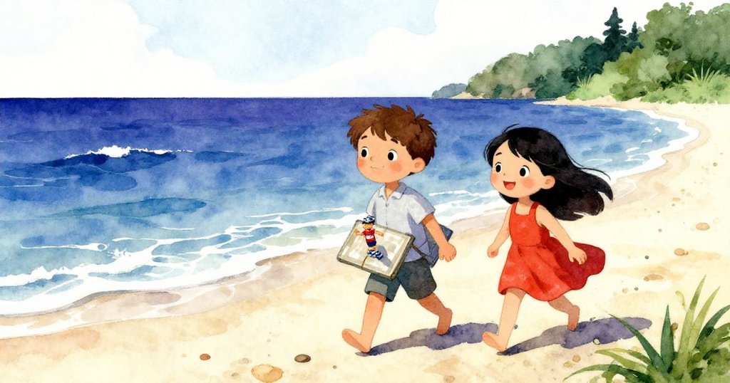 Tom 與 Lily 在風光明媚的海灘上漫步,手持方形墊子和玩具水手,臉上洋溢著期待的笑容,海風輕拂著他們的臉龐。