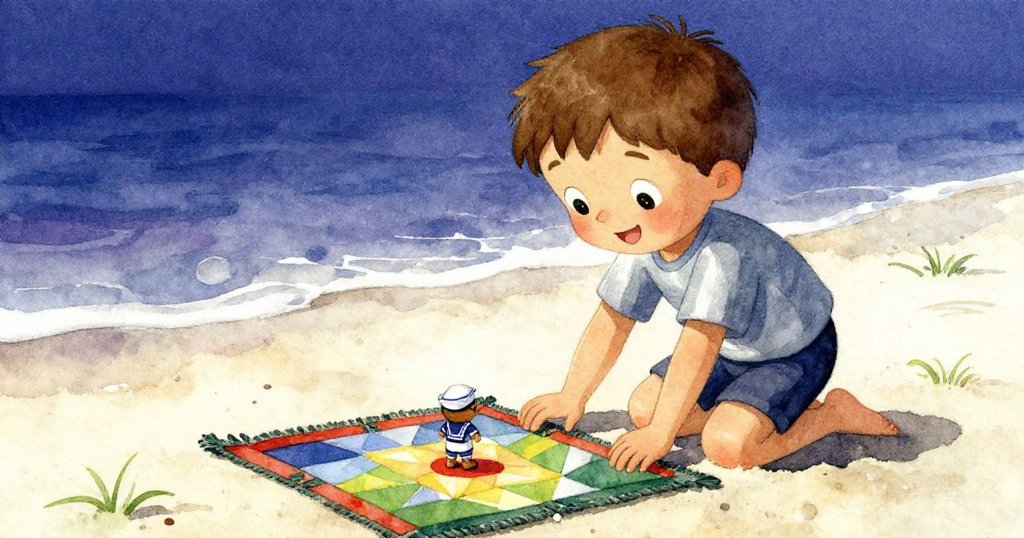 Tom 正仔細檢查色彩鮮豔的方形墊子,上面有玩具水手,背景是波光粼粼的海面,他眼中充滿好奇與期待。