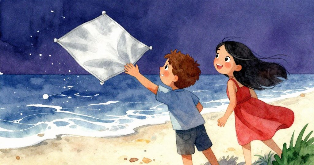 從 Lily 的肩膀後方可見,Tom 正試圖抓住被強風捲起飄走的墊子,背景展示著波浪與飄浮的沙粒,他神情專注。